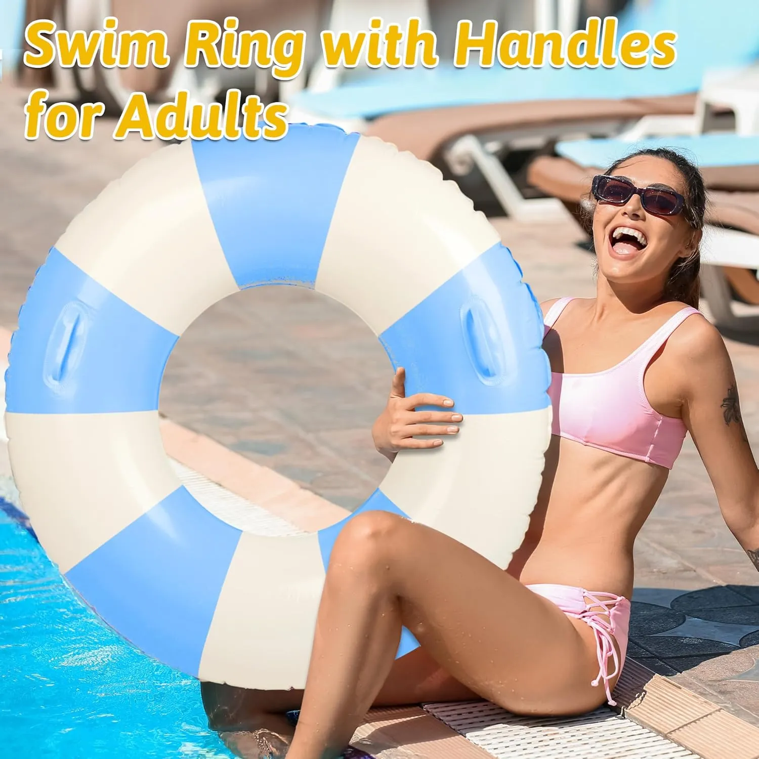 Jumbo Swim Ring Pool Floats Adult 47 Inch Blue White Striped Inflatable Tube with Handles, Ring Floaties Leakproof Pool Floats for Summer Pool Party Beach Ocean Wedding Party Decor