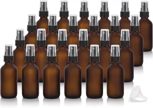 JUVITUS 2 oz / 60 ml Frosted Amber Glass Boston Round Black Fine Mist Spray Bottle (24 pack)   Funnel