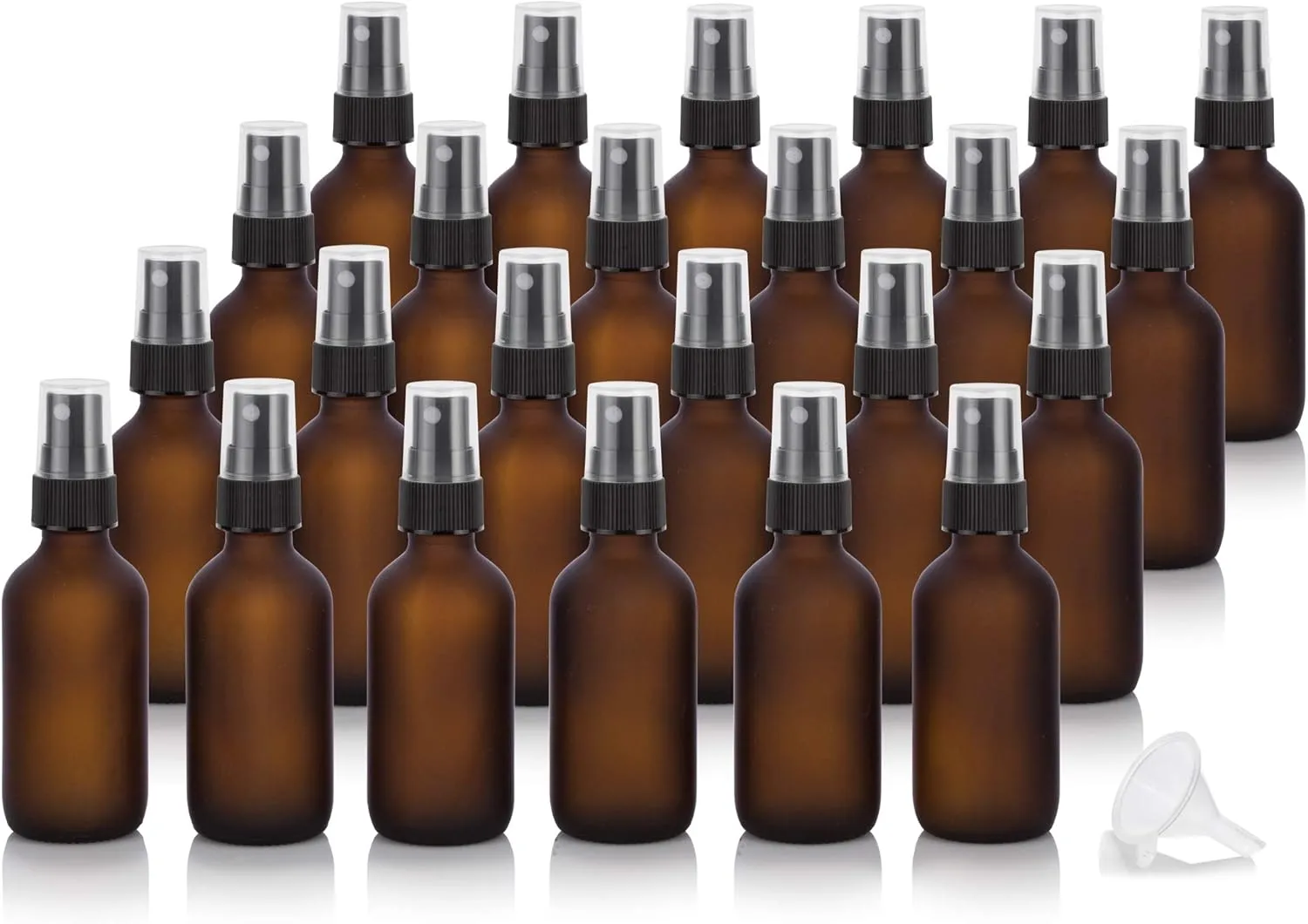 JUVITUS 2 oz / 60 ml Frosted Amber Glass Boston Round Black Fine Mist Spray Bottle (24 pack)   Funnel