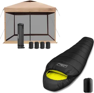 KAMPKEEPER 10x10 Pop Up Canopy with Mosquito Netting, Screen Tent with Mesh Sides(Khaki) Mummy Sleeping Bag for Adults,3-4 Seasons Cold Weather(Black & Yellow)