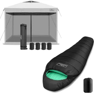 KAMPKEEPER 10x10 Pop Up Canopy with Mosquito Netting, Screen Tent with Mesh Sides(White) Mummy Sleeping Bag for Adults,3-4 Seasons Cold Weather(Black & Green)