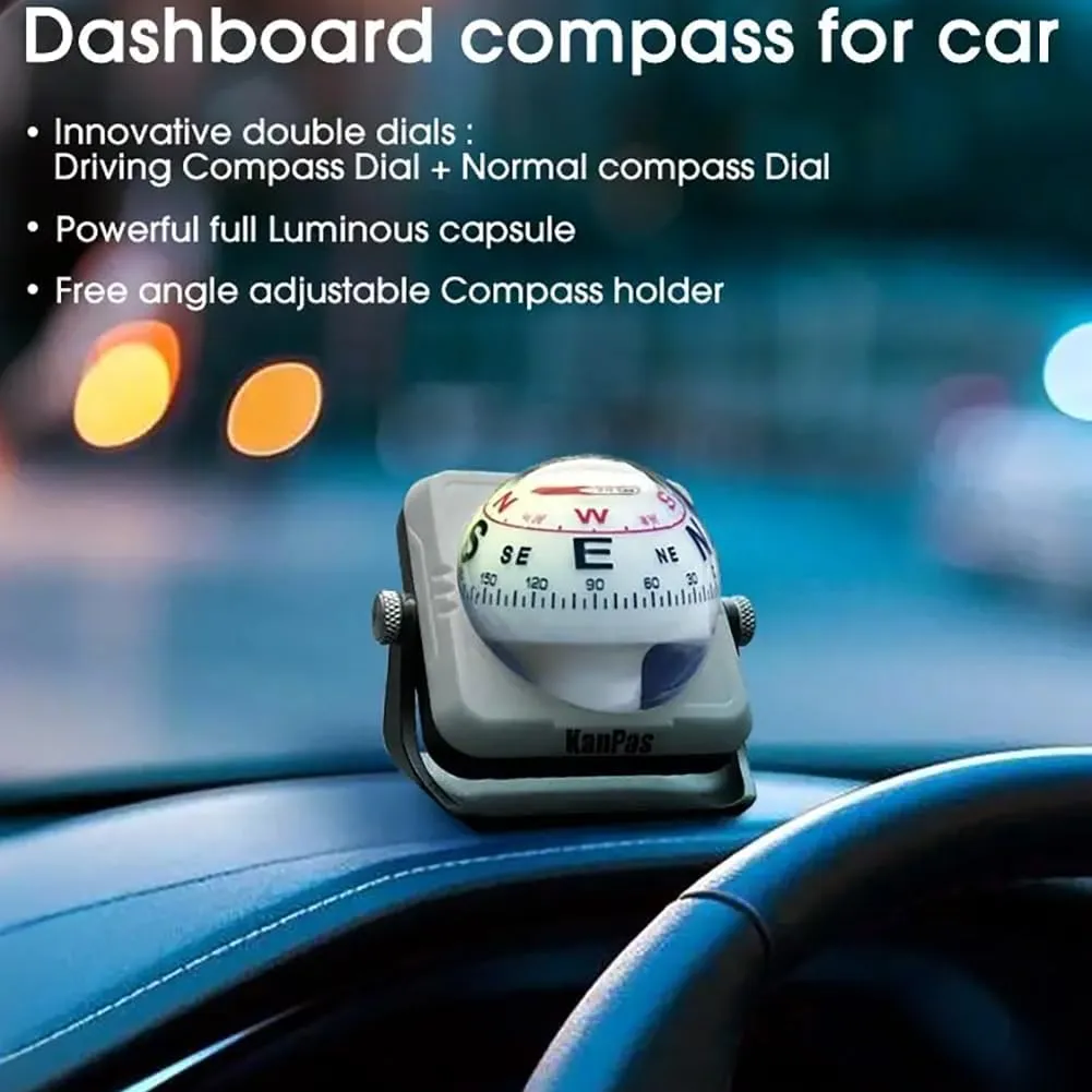 KanPas V-39-L Dashboard Ball Compass for Car with Double Dials Luminous Capsule Adjustable Holder