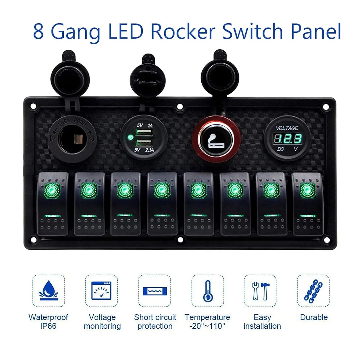 KAOLALI 8 Gang Rocker Switch Panel 12V Marine Switch Panel Waterproof Aluminum Switch Panel for Truck, Boat, Car with Circuit Breaker Toggle Switch Panel Automotive Boat Switch Panel (Green LED)