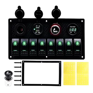 KAOLALI 8 Gang Rocker Switch Panel 12V Marine Switch Panel Waterproof Aluminum Switch Panel for Truck, Boat, Car with Circuit Breaker Toggle Switch Panel Automotive Boat Switch Panel (Green LED)
