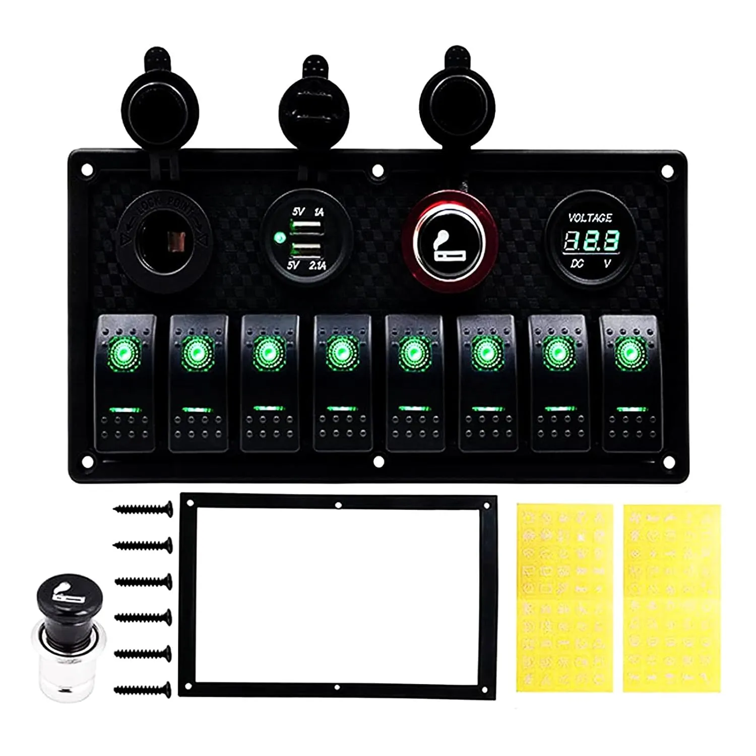 KAOLALI 8 Gang Rocker Switch Panel 12V Marine Switch Panel Waterproof Aluminum Switch Panel for Truck, Boat, Car with Circuit Breaker Toggle Switch Panel Automotive Boat Switch Panel (Green LED)