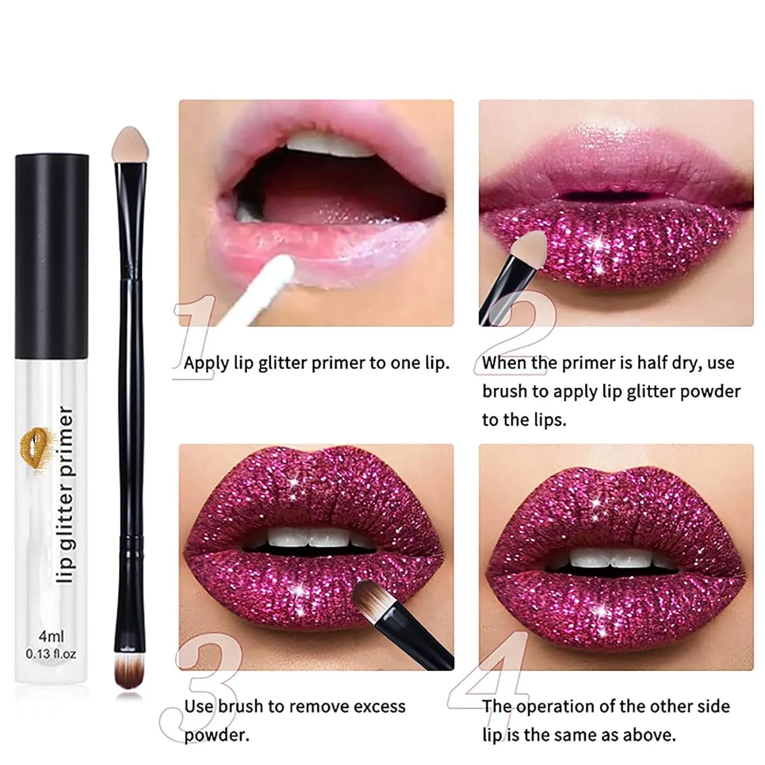 Kawaii Kisses Glitter Lip Kit, Animakeup - Kawaii Kisses Glitter, Animakup Kawaii Kisses Sparkle Lip Gloss, Animemakeup Kawaii Kisses Glitter Lip Kit Gloss with Lip Primer and Brush (#1, 14g)