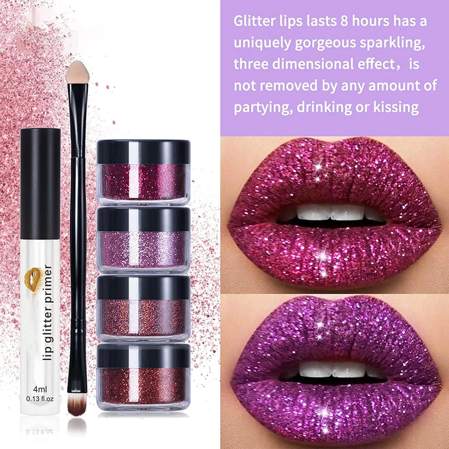 Kawaii Kisses Glitter Lip Kit, Animakeup - Kawaii Kisses Glitter, Animakup Kawaii Kisses Sparkle Lip Gloss, Animemakeup Kawaii Kisses Glitter Lip Kit Gloss with Lip Primer and Brush (#1, 14g)
