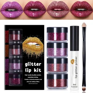 Kawaii Kisses Glitter Lip Kit, Animakeup - Kawaii Kisses Glitter, Animakup Kawaii Kisses Sparkle Lip Gloss, Animemakeup Kawaii Kisses Glitter Lip Kit Gloss with Lip Primer and Brush (#1, 14g)