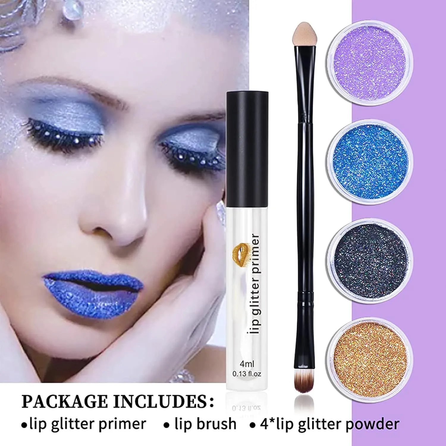 Kawaii Kisses Glitter Lip Kit, Animakeup - Kawaii Kisses Glitter, Animakup Kawaii Kisses Sparkle Lip Gloss, Animemakeup Kawaii Kisses Glitter Lip Kit Gloss with Lip Primer and Brush (#1, 14g)