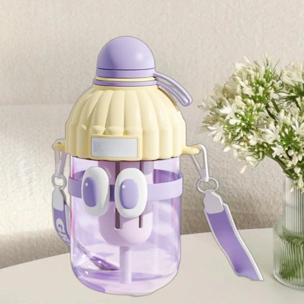 Kawaii Water Bottle Bottles with Straw Adjustable Strap&Fruit Filter, Gym Outdoor Activities Portable Travel Leakproof Jug (Purple)