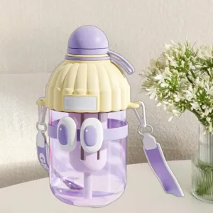Kawaii Water Bottle Bottles with Straw Adjustable Strap&Fruit Filter, Gym Outdoor Activities Portable Travel Leakproof Jug (Purple)