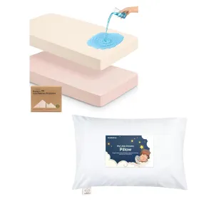 KeaBabies 2-Pack Waterproof Baby Crib Mattress Protector Cover and Toddler Pillow for Boys, Girls - Soft Cotton Protector for Kids Mattress - Kiddy Pillow for Sleeping