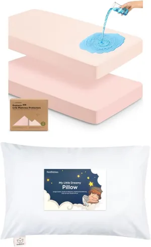 KeaBabies 2-Pack Waterproof Baby Crib Mattress Protector Cover and Toddler Pillow for Boys, Girls - Soft Cotton Protector for Kids Mattress - Kiddy Pillow for Sleeping