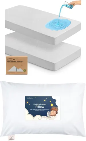 KeaBabies 2-Pack Waterproof Baby Crib Mattress Protector Cover and Toddler Pillow for Boys, Girls - Soft Cotton Protector for Kids Mattress - Kiddy Pillow for Sleeping