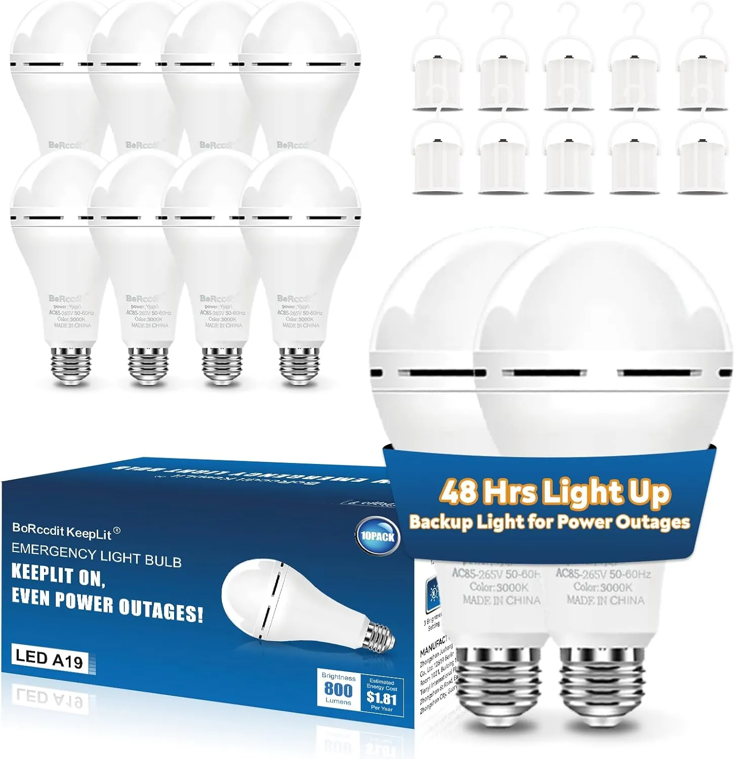KeepLit 10 Pack Emergency Rechargeable Light Bulbs, 48H Long Lasting & 3 Brightness Power Outage Light Bulbs,12W 5000K Battery Backup Emergency Light Bulbs for Home Power Failure Hurricane