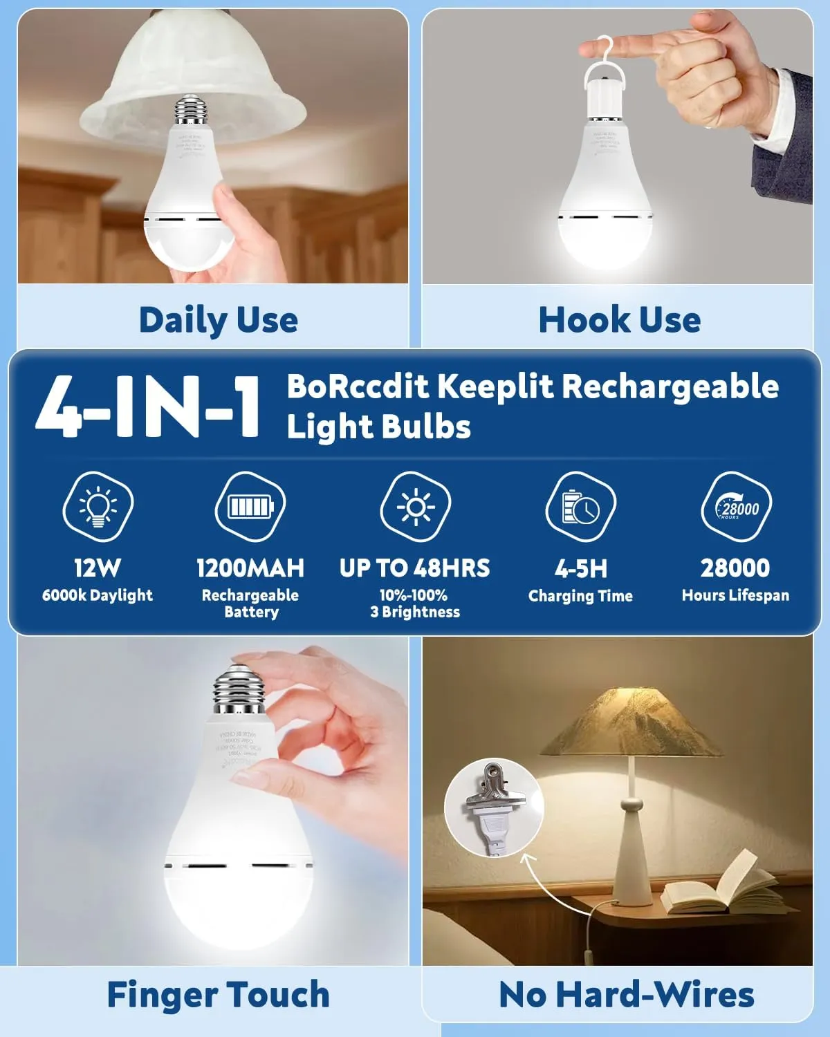 KeepLit 10 Pack Emergency Rechargeable Light Bulbs, 48H Long Lasting & 3 Brightness Power Outage Light Bulbs,12W 5000K Battery Backup Emergency Light Bulbs for Home Power Failure Hurricane