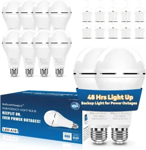 KeepLit 10 Pack Emergency Rechargeable Light Bulbs, 48H Long Lasting & 3 Brightness Power Outage Light Bulbs,12W 5000K Battery Backup Emergency Light Bulbs for Home Power Failure Hurricane