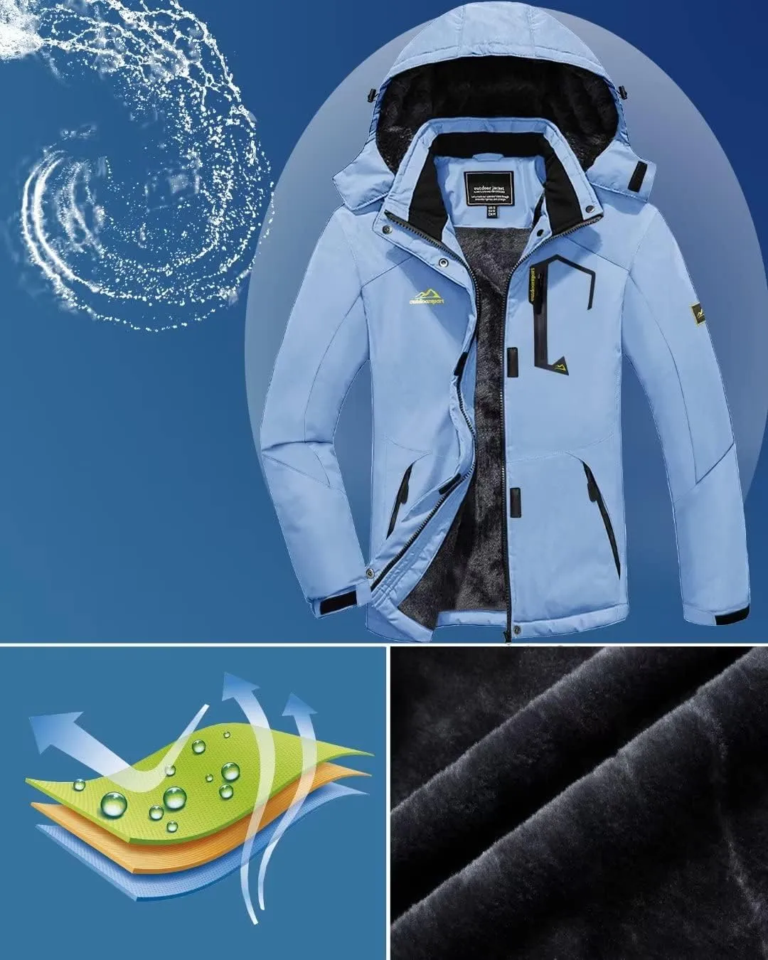 KEFITEVD Women's Waterproof Ski Snow Jacket Snowboarding Jackets Windproof Fleece Warm Heavy Hooded Coat Mountain Rain Jacket