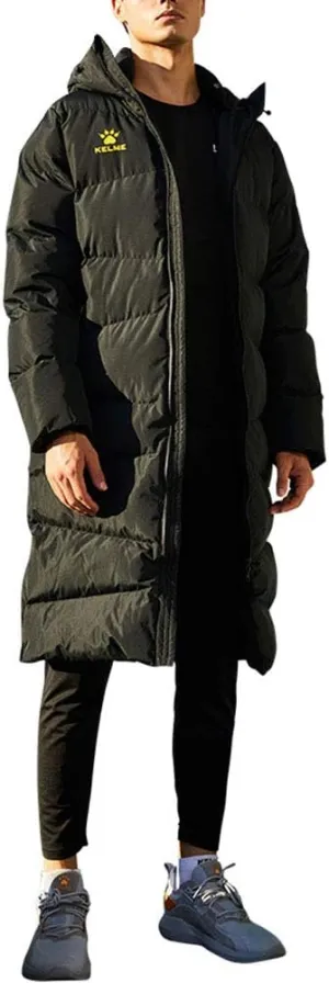 KELME Men's Long Parka Winter Coats, Windproof Hooded Soccer Jacket, Stadium Outdoor Cold Weather Warm Outerwear