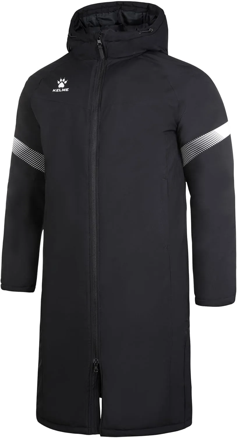 KELME Men's Long Parka Winter Coats, Windproof Hooded Soccer Jacket, Stadium Outdoor Cold Weather Warm Outerwear