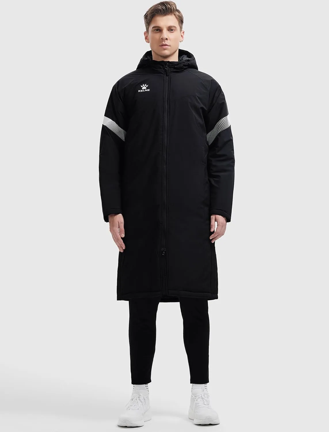KELME Men's Long Parka Winter Coats, Windproof Hooded Soccer Jacket, Stadium Outdoor Cold Weather Warm Outerwear