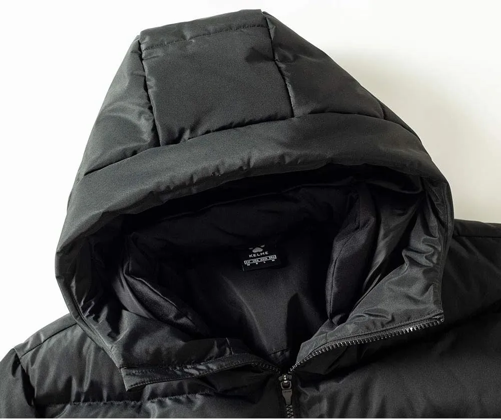 KELME Men's Long Parka Winter Coats, Windproof Hooded Soccer Jacket, Stadium Outdoor Cold Weather Warm Outerwear
