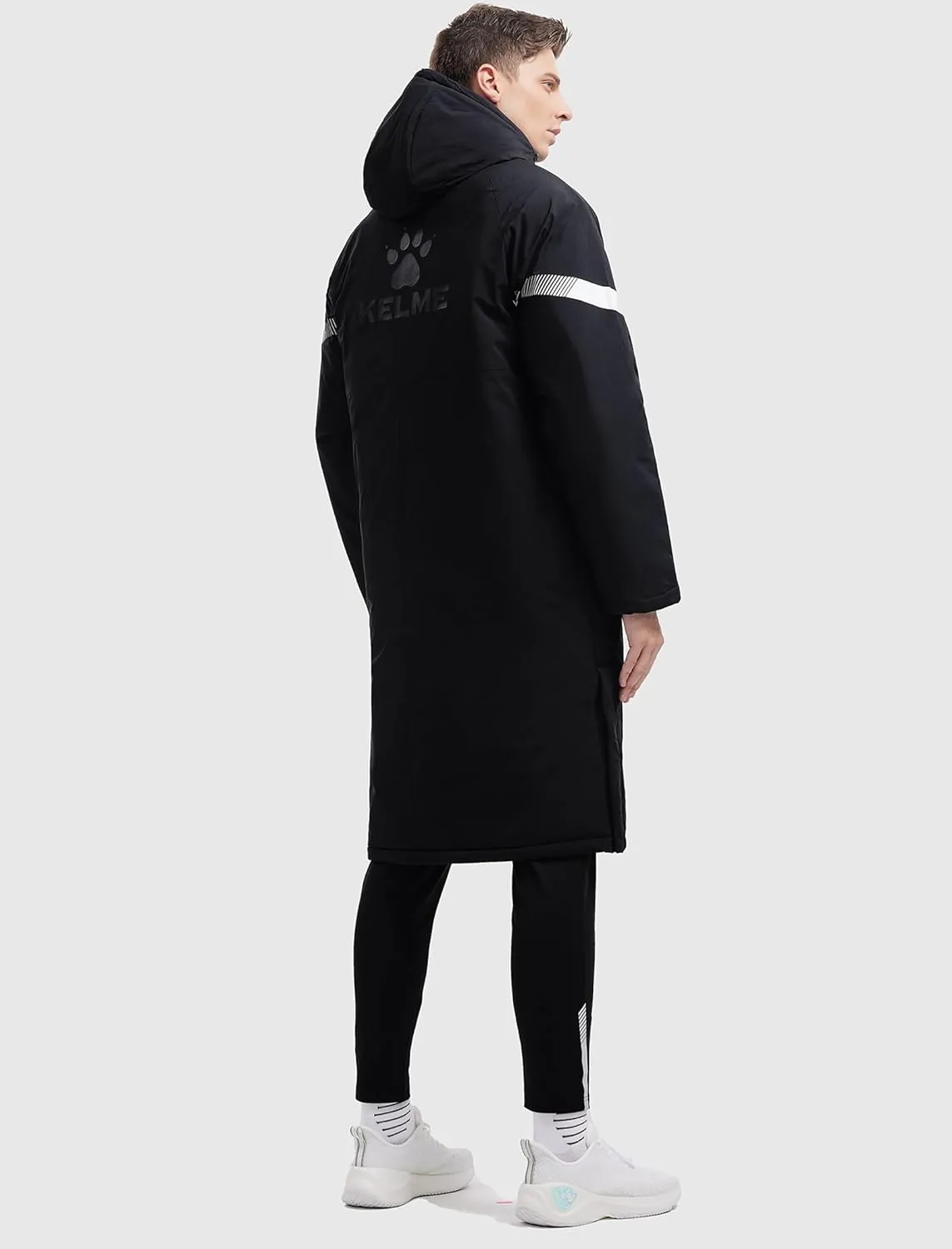 KELME Men's Long Parka Winter Coats, Windproof Hooded Soccer Jacket, Stadium Outdoor Cold Weather Warm Outerwear
