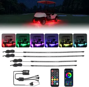 KEMIMOTO 4PCS Golf Cart Underglow LED Strip Lights Kit, 12V Compatible with EZGO, Drive2, ICON and Kandi, IP67 Waterproof RF and APP Control, 300 ARGB Modes with Music-Sync