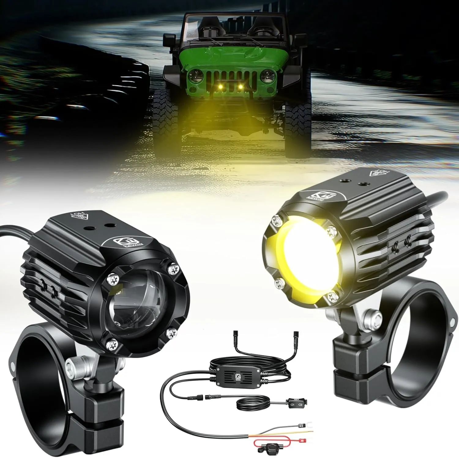 Kewig Motorcycle Auxiliary LED Lights Kits Driving Spotlights, 60W 5000LM Driving Offroad Light, White/Amber Combo Beam Light Waterproof Work Lights for Trucks Jeep ATV UTV Motorcycle