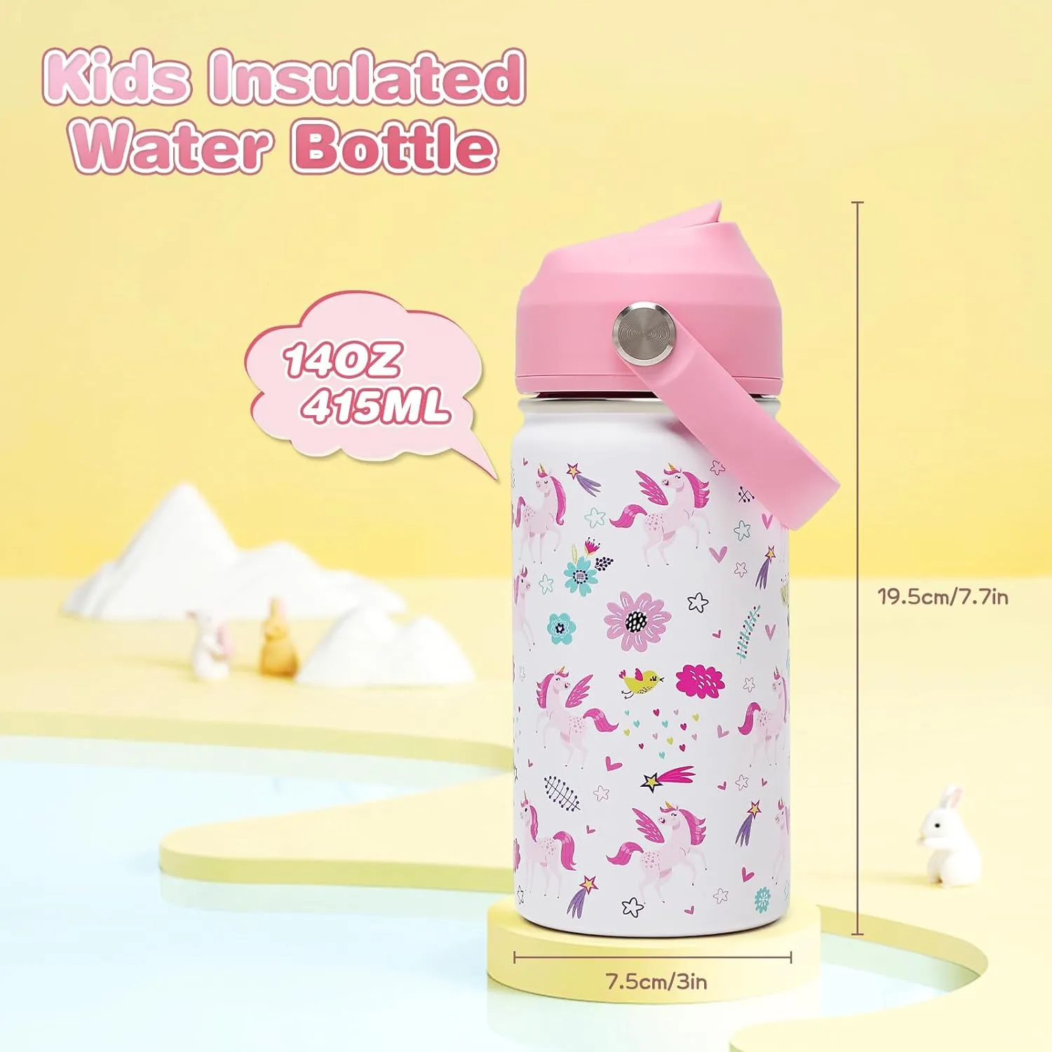 Kids Insulated Water Bottle with Straw Lid, 14oz Double Wall Vacuum 18/8 Stainless Steel Kids Tumbler, BPA-FREE Leak Proof Toddler Metal Water Bottle Kids Cups for School Travel Boys Girls