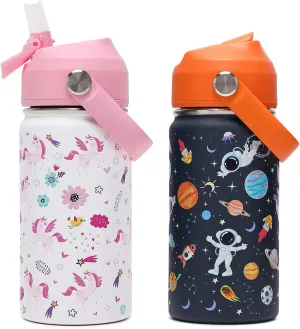 Kids Insulated Water Bottle with Straw Lid, 14oz Double Wall Vacuum 18/8 Stainless Steel Kids Tumbler, BPA-FREE Leak Proof Toddler Metal Water Bottle Kids Cups for School Travel Boys Girls