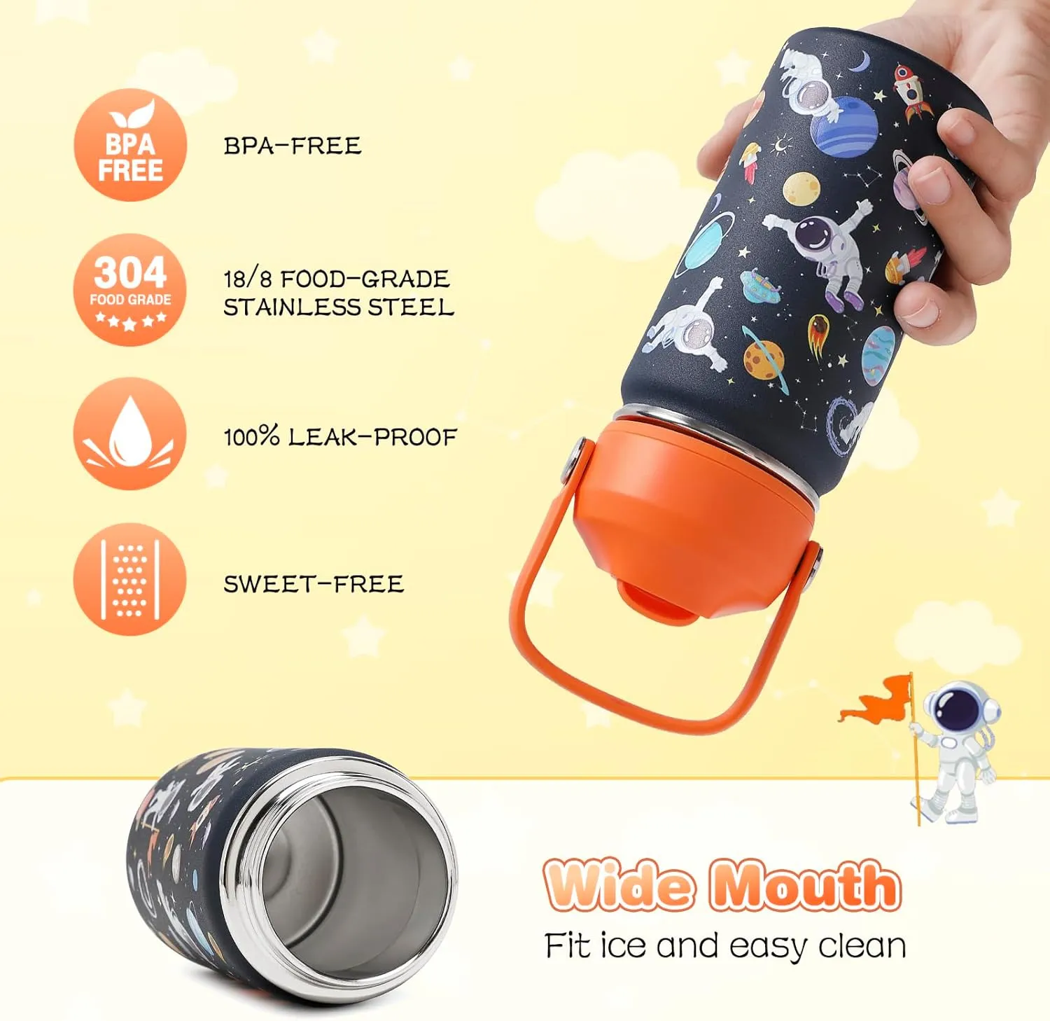 Kids Insulated Water Bottle with Straw Lid, 14oz Double Wall Vacuum 18/8 Stainless Steel Kids Tumbler, BPA-FREE Leak Proof Toddler Metal Water Bottle Kids Cups for School Travel Boys Girls