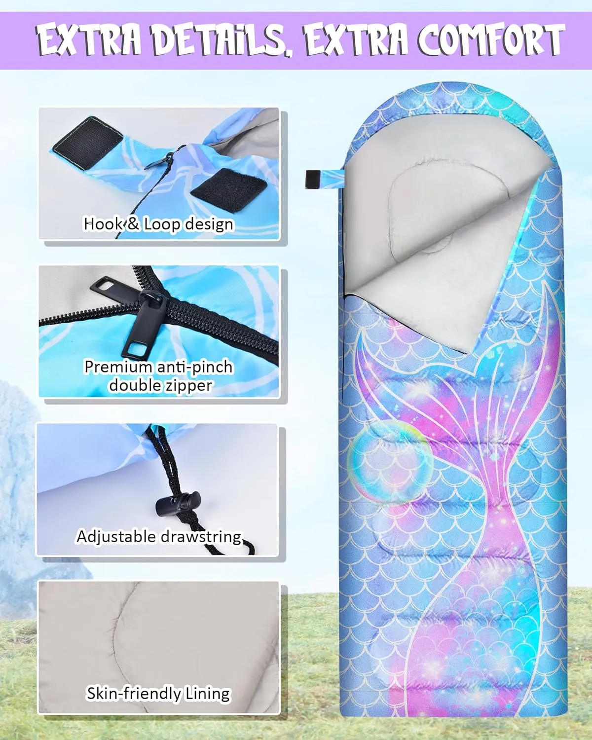 Kids Sleeping Bag for Kids Girls, 3 Season Warm & Cool Weather Lightweight Waterproof Camping Sleeping Bag with Carry Bag for Camping Hiking Traveling Outdoor Indoor