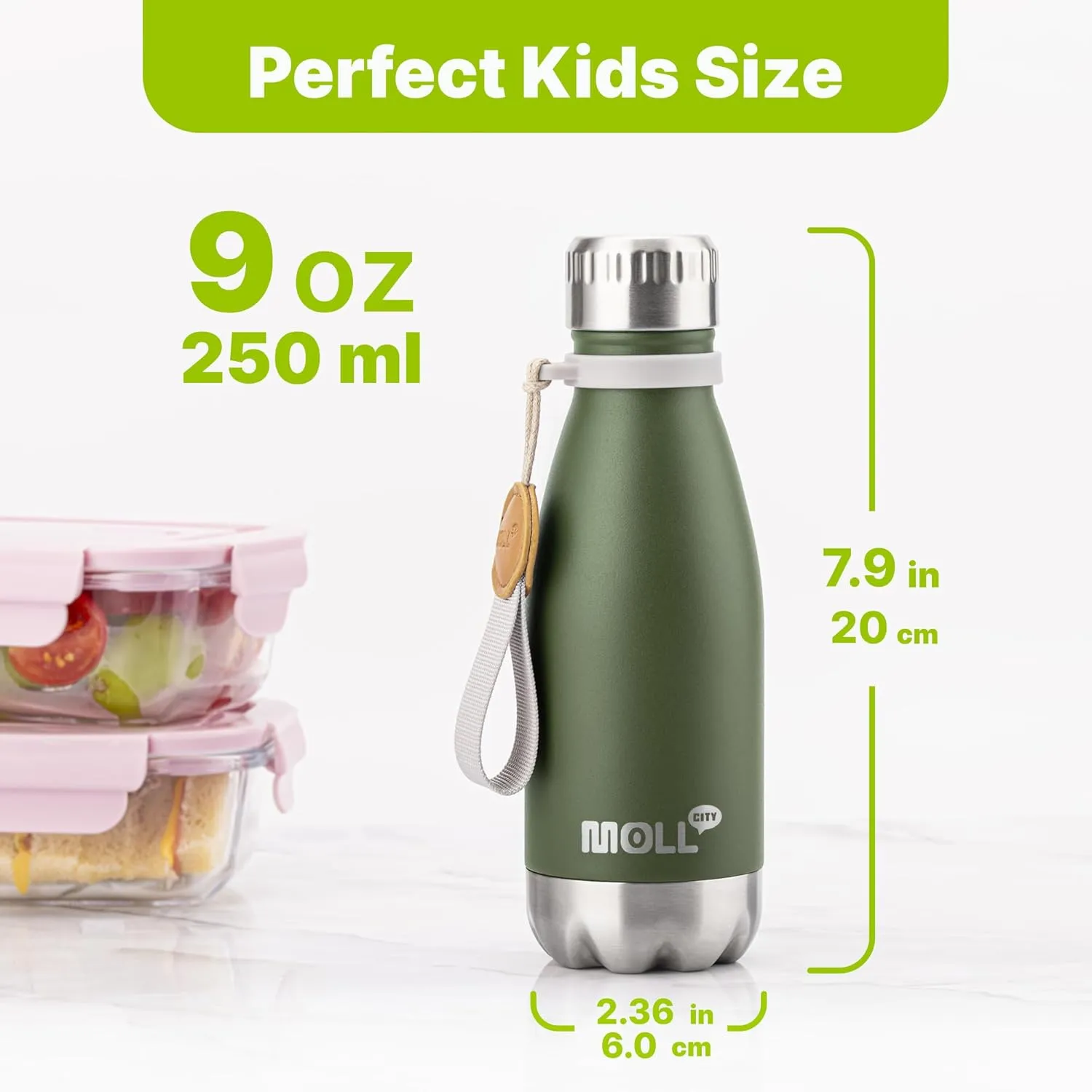 Kids Water Bottle-9 oz Stainless Steel Vacuum Insulated Water Bottle for Kids for School, Leak Proof Cola Shape Travel Small Water Bottle for Boys (Grass Green-Navy)