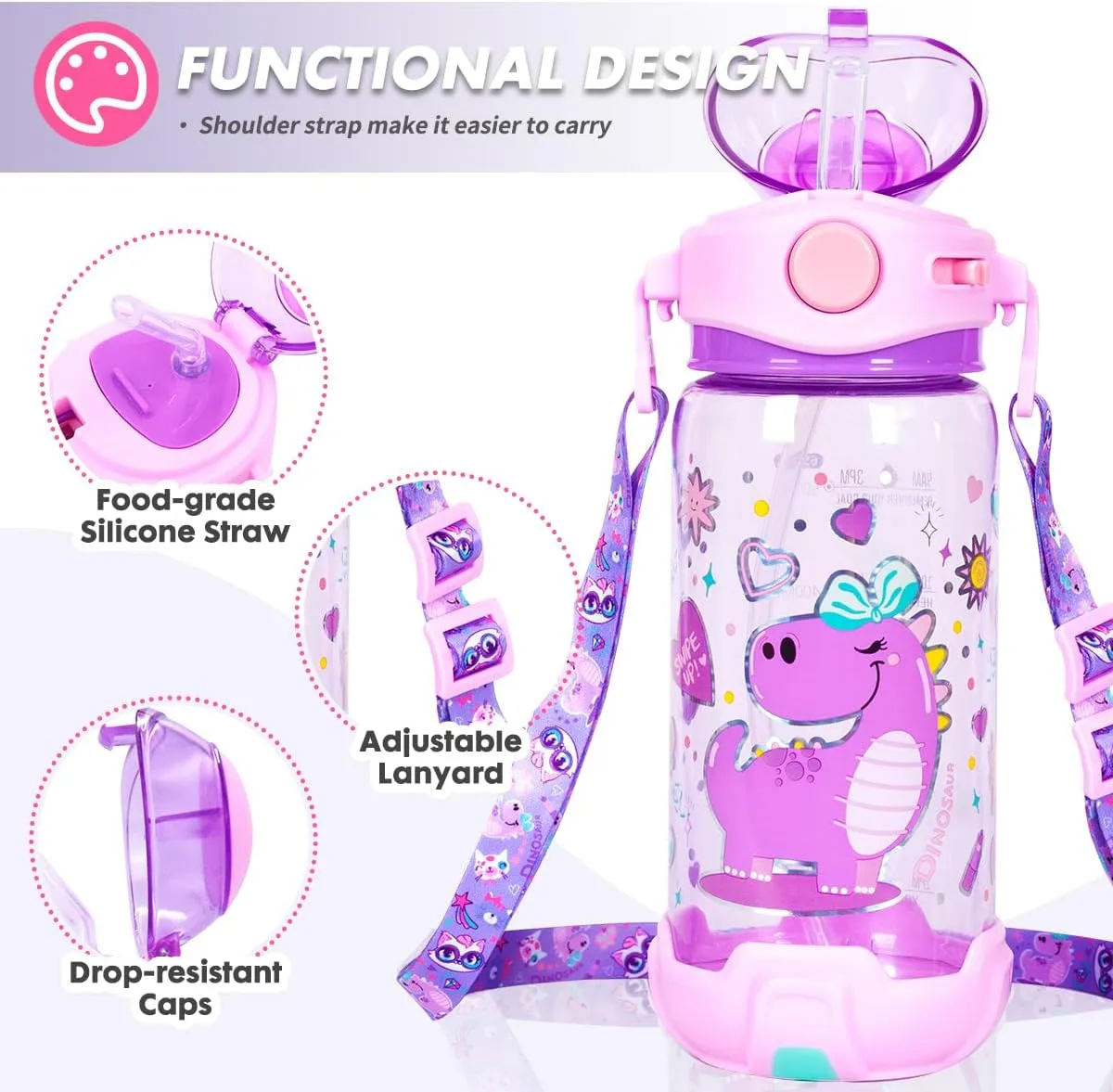 Kids Water Bottle with Straw/Lanyard for School Kids Girls Boys, 22oz BPA Free Child Drinking Water Bottle One-Click-Open Leak-Proof Locking Flip Lid for School Sport Travel