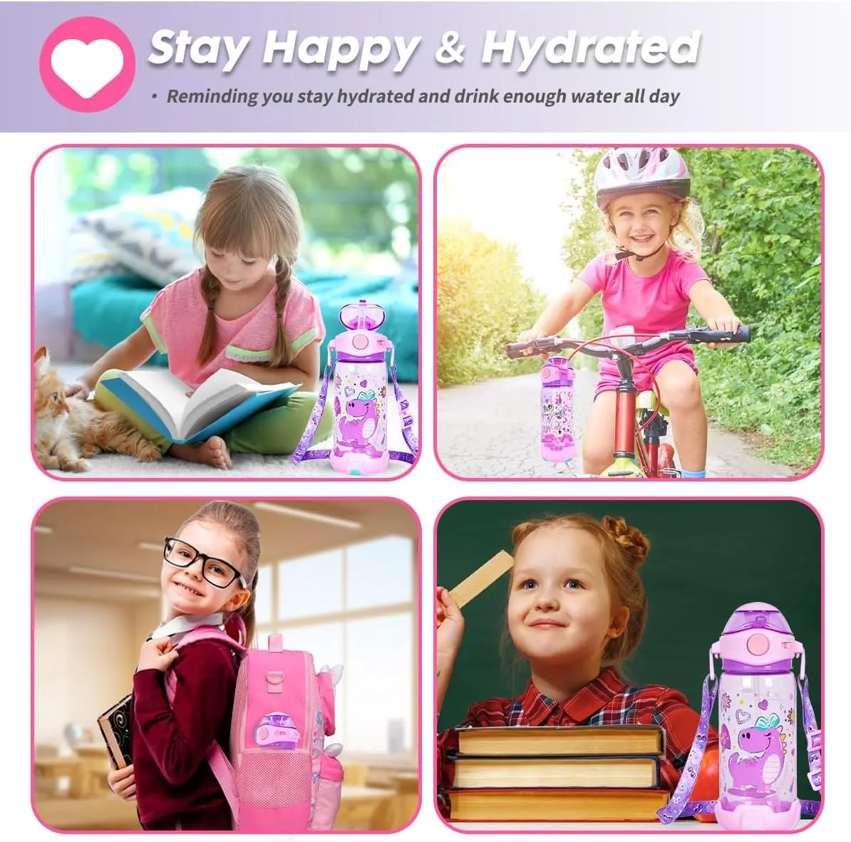 Kids Water Bottle with Straw/Lanyard for School Kids Girls Boys, 22oz BPA Free Child Drinking Water Bottle One-Click-Open Leak-Proof Locking Flip Lid for School Sport Travel
