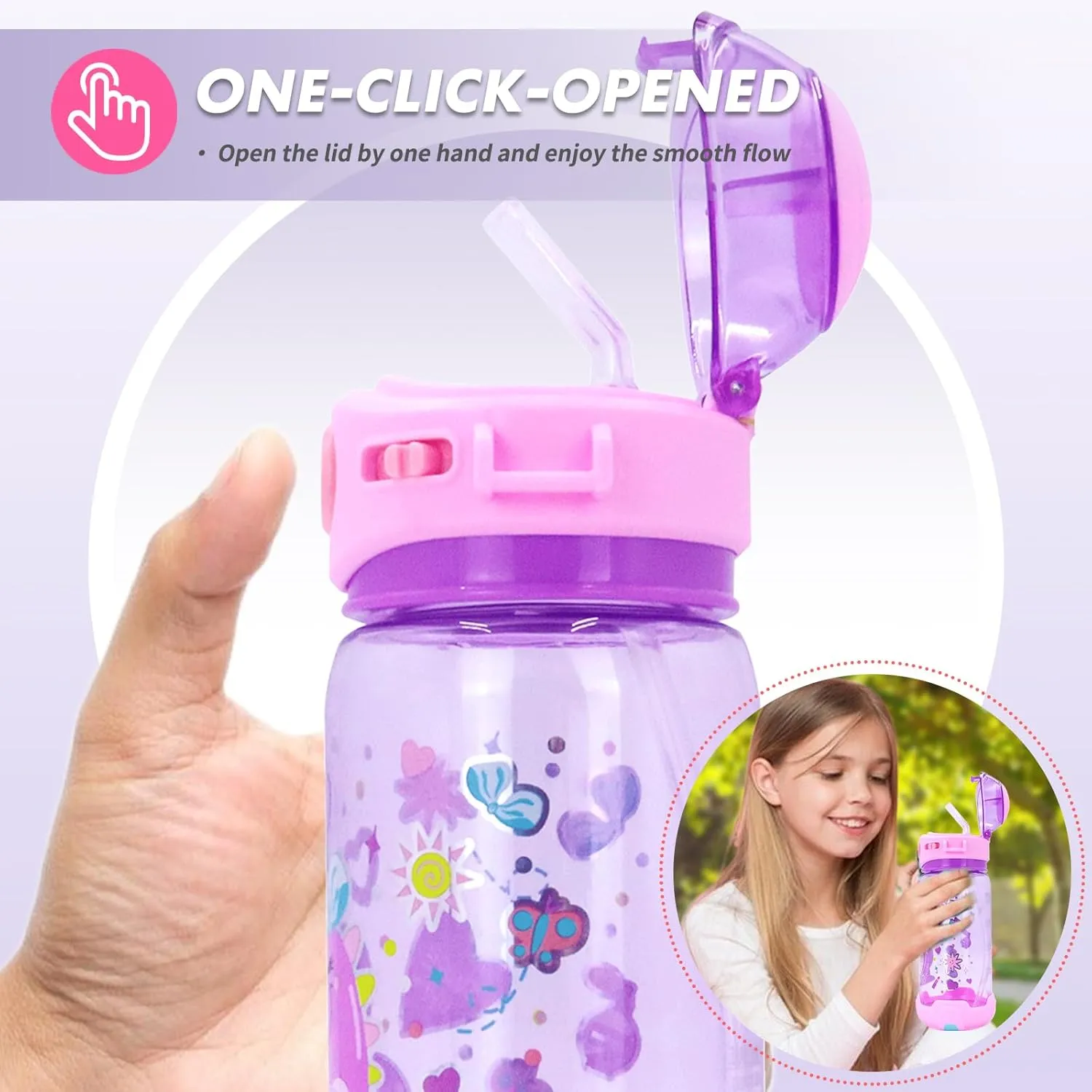 Kids Water Bottle with Straw/Lanyard for School Kids Girls Boys, 22oz BPA Free Child Drinking Water Bottle One-Click-Open Leak-Proof Locking Flip Lid for School Sport Travel