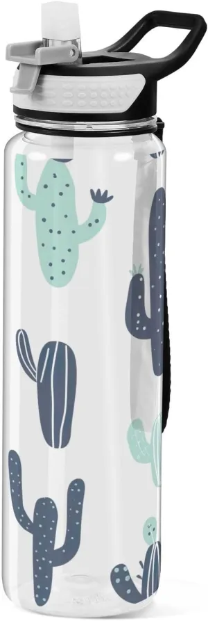 Kigai Transparent Sports Water Bottle 32oz, Blue Cactus Leakproof Wide Mouth Water Bottle with Straw, BPA Free Water Jug with Detachable Strap & Handle for Fitness Gym Outdoor