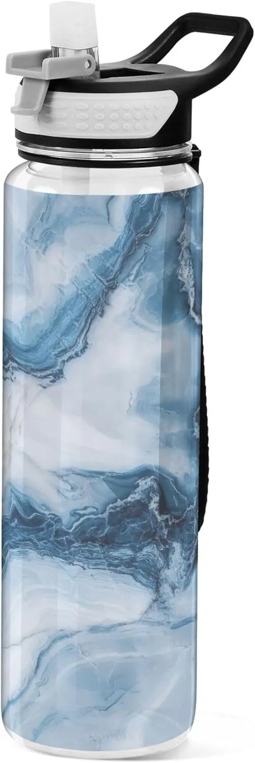 Kigai Transparent Sports Water Bottle 32oz, Blue White Marble Leakproof Wide Mouth Water Bottle with Straw, BPA Free Water Jug with Detachable Strap & Handle for Fitness Gym Outdoor