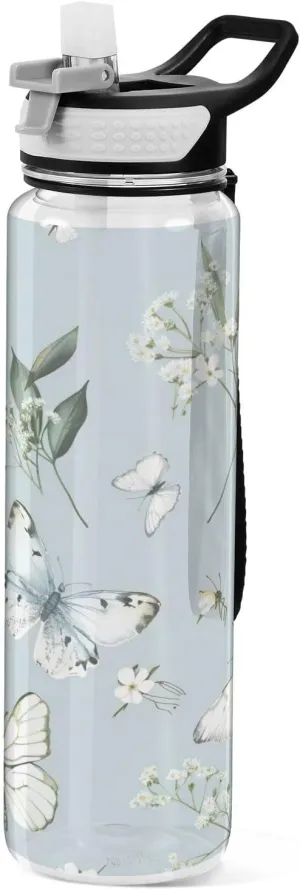 Kigai Transparent Sports Water Bottle 32oz, Butterflies Flowers Leakproof Wide Mouth Water Bottle with Straw, BPA Free Water Jug with Detachable Strap & Handle for Fitness Gym Outdoor