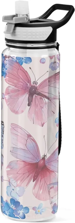 Kigai Transparent Sports Water Bottle 32oz, Butterflies Leakproof Wide Mouth Water Bottle with Straw, BPA Free Water Jug with Detachable Strap & Handle for Fitness Gym Outdoor