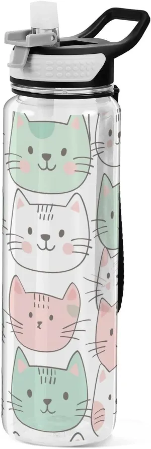 Kigai Transparent Sports Water Bottle 32oz, Cats Leakproof Wide Mouth Water Bottle with Straw, BPA Free Water Jug with Detachable Strap & Handle for Fitness Gym Outdoor