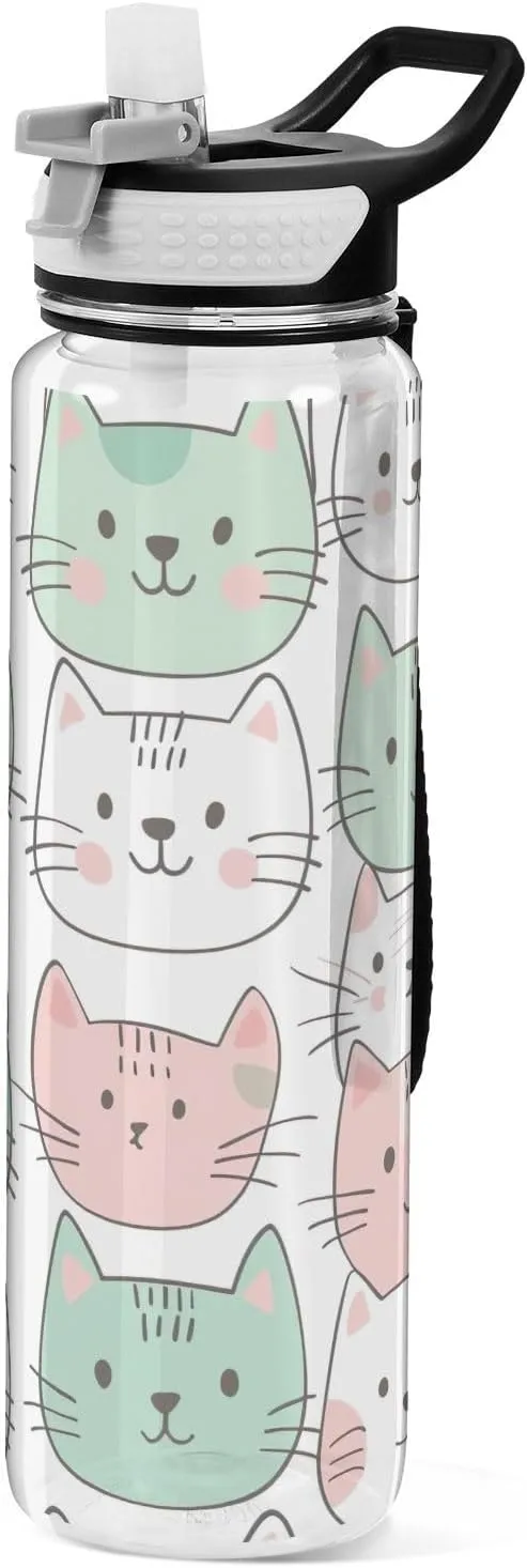 Kigai Transparent Sports Water Bottle 32oz, Cats Leakproof Wide Mouth Water Bottle with Straw, BPA Free Water Jug with Detachable Strap & Handle for Fitness Gym Outdoor