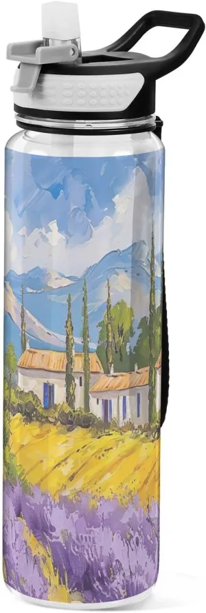 Kigai Transparent Sports Water Bottle 32oz, Countryside Leakproof Wide Mouth Water Bottle with Straw, BPA Free Water Jug with Detachable Strap & Handle for Fitness Gym Outdoor