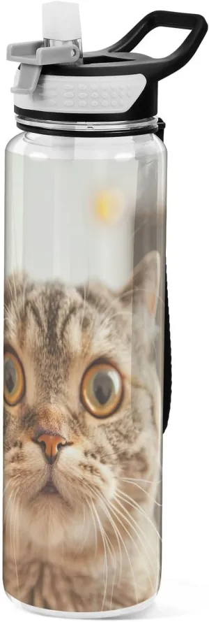 Kigai Transparent Sports Water Bottle 32oz, Cute Cat Leakproof Wide Mouth Water Bottle with Straw, BPA Free Water Jug with Detachable Strap & Handle for Fitness Gym Outdoor