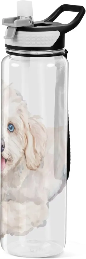 Kigai Transparent Sports Water Bottle 32oz, Cute Dog Leakproof Wide Mouth Water Bottle with Straw, BPA Free Water Jug with Detachable Strap & Handle for Fitness Gym Outdoor