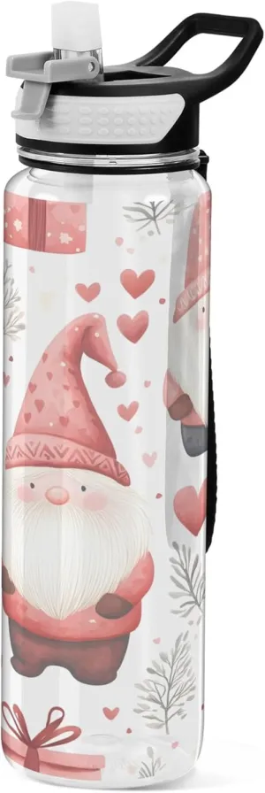 Kigai Transparent Sports Water Bottle 32oz, Cute Gnomes Leakproof Wide Mouth Water Bottle with Straw, BPA Free Water Jug with Detachable Strap & Handle for Fitness Gym Outdoor
