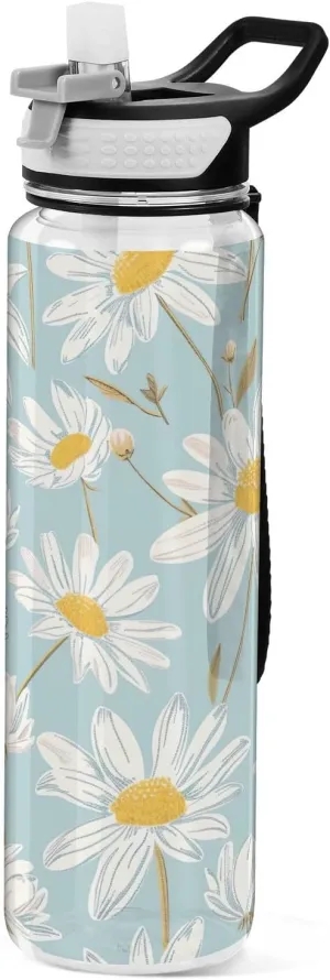 Kigai Transparent Sports Water Bottle 32oz, Daisies in Pastel Blue Leakproof Wide Mouth Water Bottle with Straw, BPA Free Water Jug with Detachable Strap & Handle for Fitness Gym Outdoor