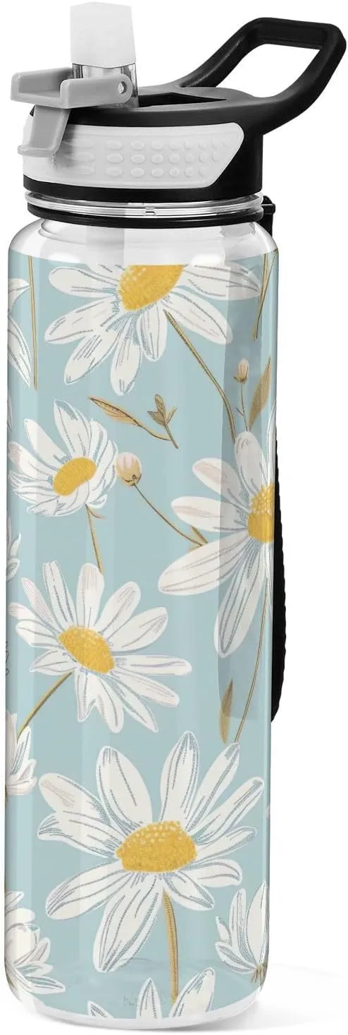 Kigai Transparent Sports Water Bottle 32oz, Daisies in Pastel Blue Leakproof Wide Mouth Water Bottle with Straw, BPA Free Water Jug with Detachable Strap & Handle for Fitness Gym Outdoor