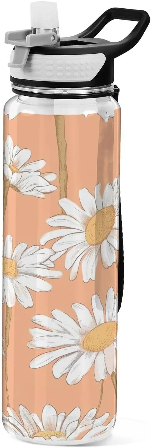 Kigai Transparent Sports Water Bottle 32oz, Daisies on Orange Leakproof Wide Mouth Water Bottle with Straw, BPA Free Water Jug with Detachable Strap & Handle for Fitness Gym Outdoor